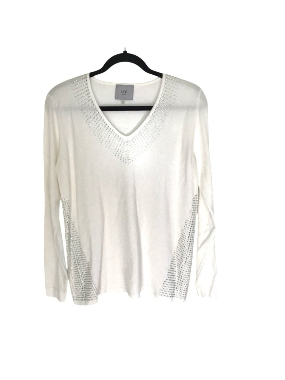 LIV-WHITE WOMENS WHITE V-NECK  LONG SLEEVE EMBELISHED RHINESTONES SWEATER SIZE M